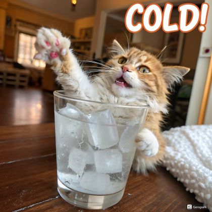 氷水の入った水に手を入れ、「冷たい!」と叫ぶ猫