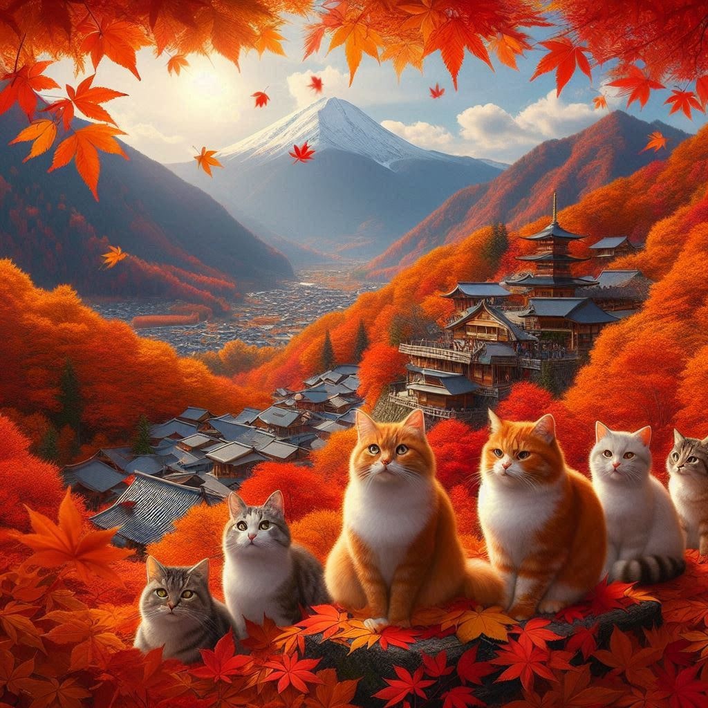猫が、秋の山で紅葉狩りを楽しんている画像