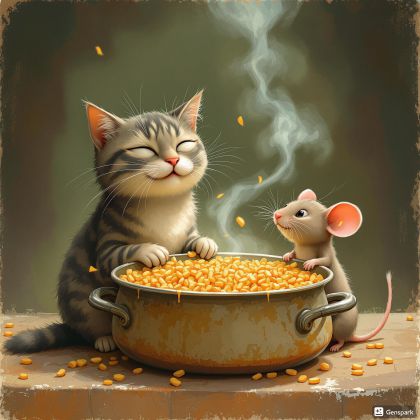 猫とネズミ、仲良くお雑煮を食べる